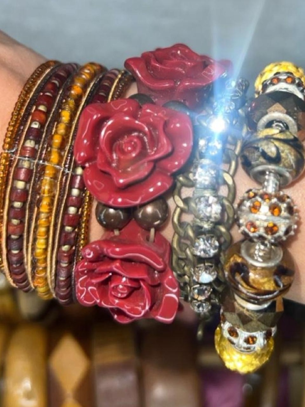 Red Rose Floral Beaded Bracelet Stack - Women Jewelry
